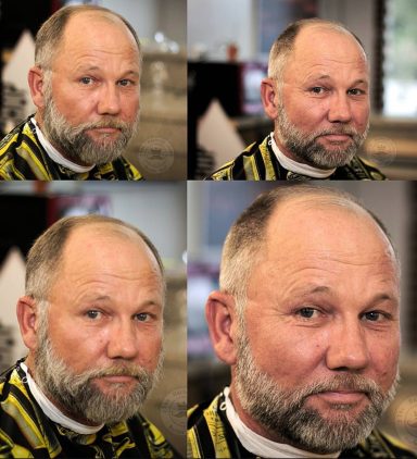 Four portraits of a man with a beard, showing different angles of his new haircut.